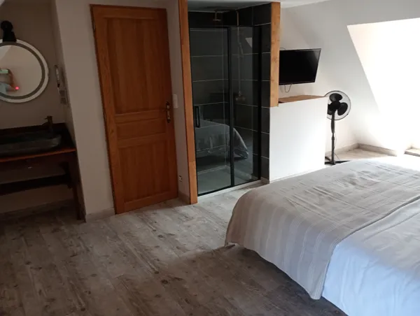 chambre 1 , lit en 160 ou 2 lits en 80 au dernier étage, télévision balcon lumière traversante , vue sur rue et terrasse salle d'eau dans la chambre, 